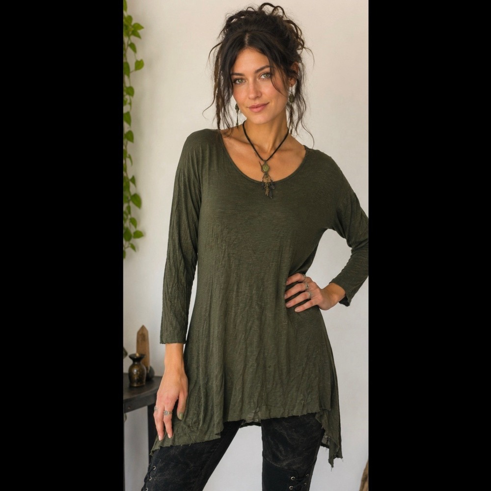 Womens Olive Green Knit Asymmetric Tunic Top XS Fairy Grunge Witchy Ren Faire